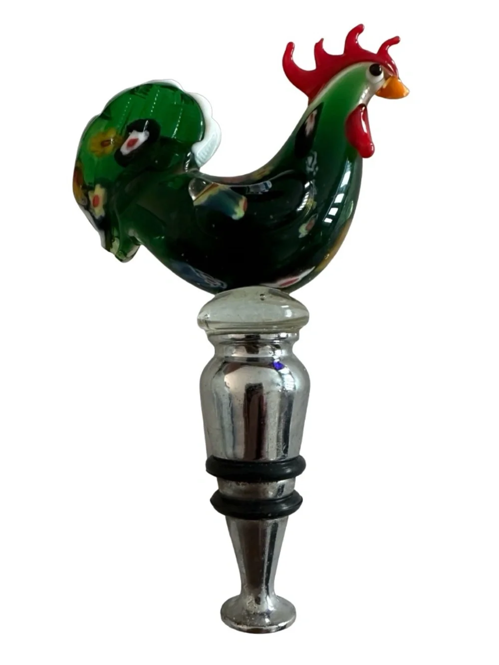 Hand-blown Green Art Glass Rooster Wine Bottle Stopper